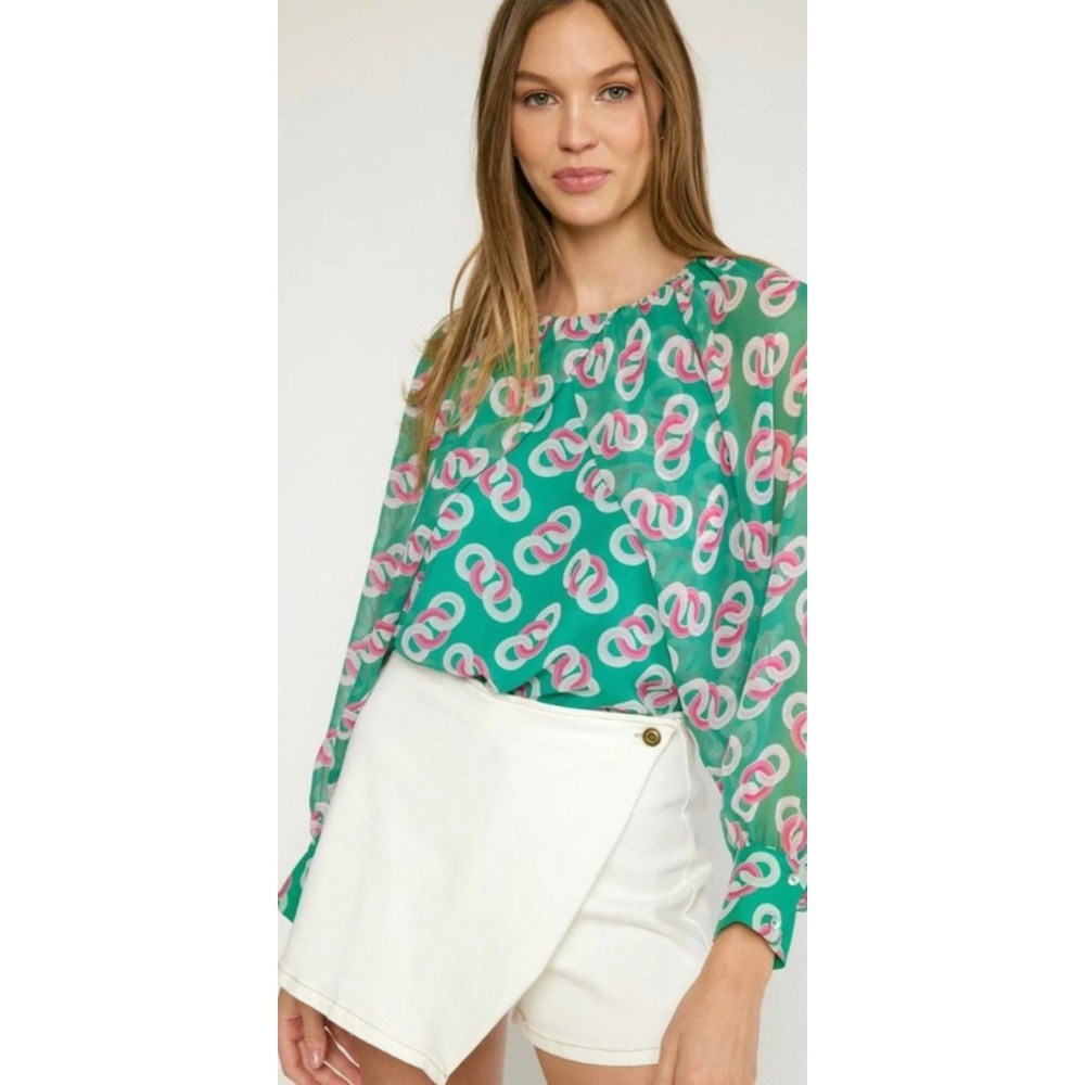 NWT Entro Blouse Women M Green Pink Geometric Ring Print Lined Chiffon Top